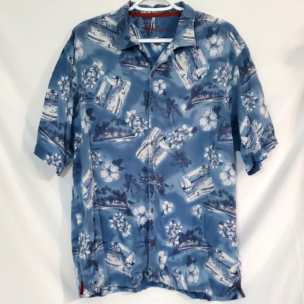Reyn Spooner Hawaiian Shirt Button Down Blue Floral Postcard Mens Lg
